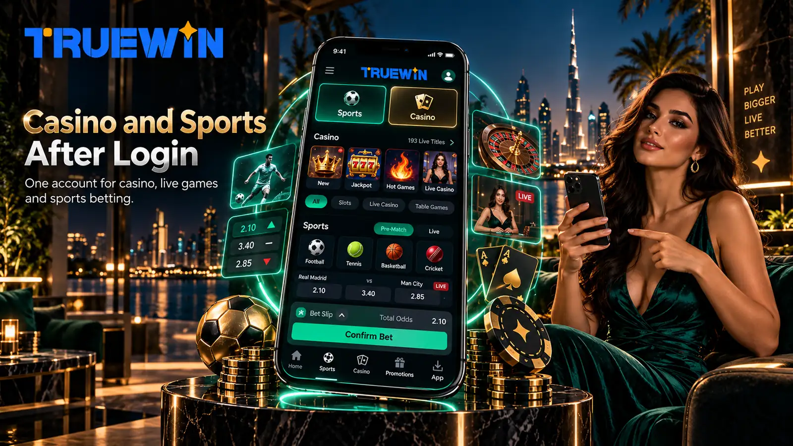 TrueWin casino and sports betting sections after login UAE