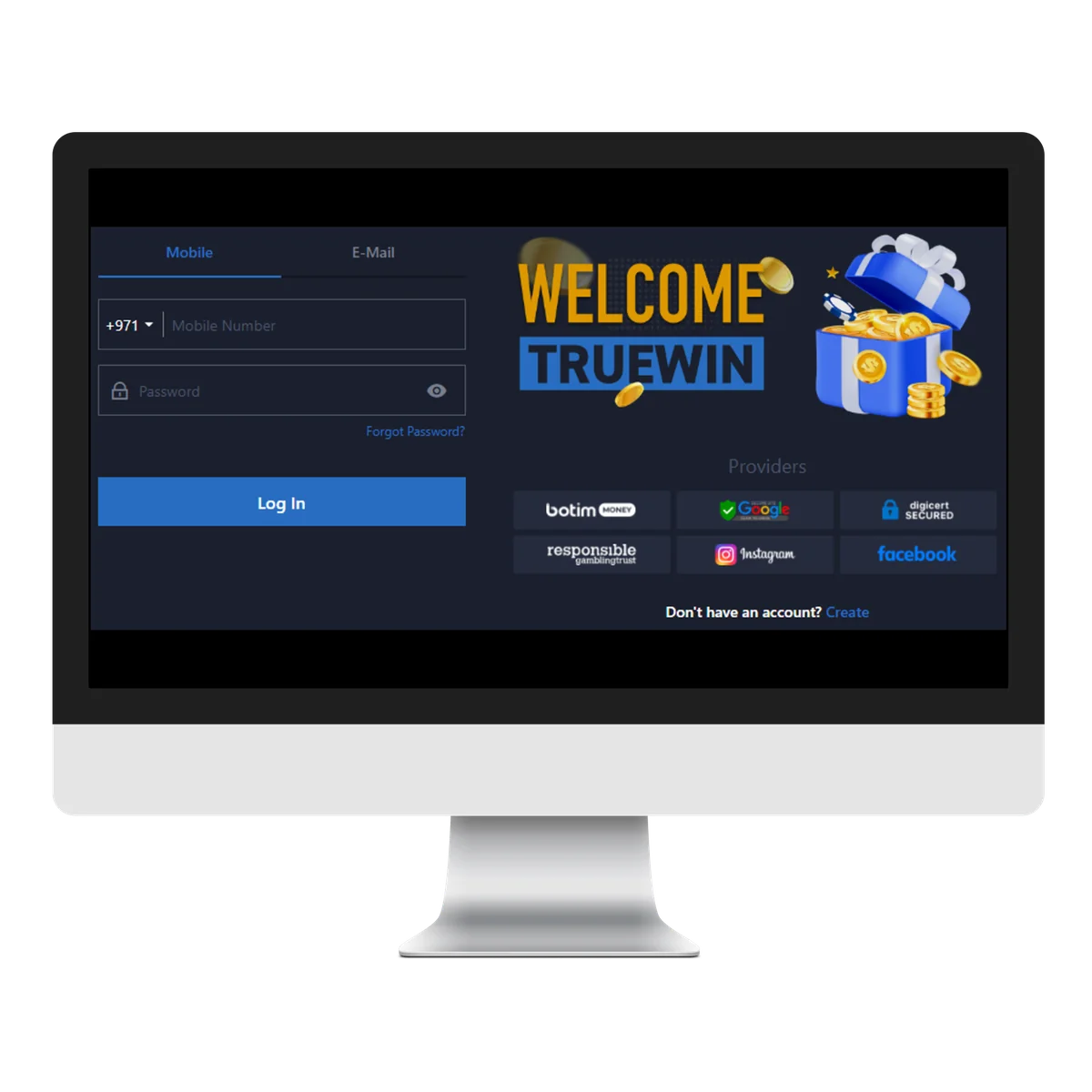 TrueWin desktop and mobile browser login interface and sign in steps