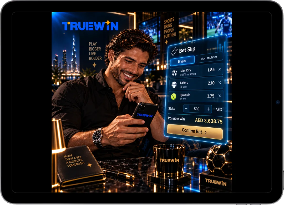 TrueWin sports betting slip interface accumulator and singles in AED